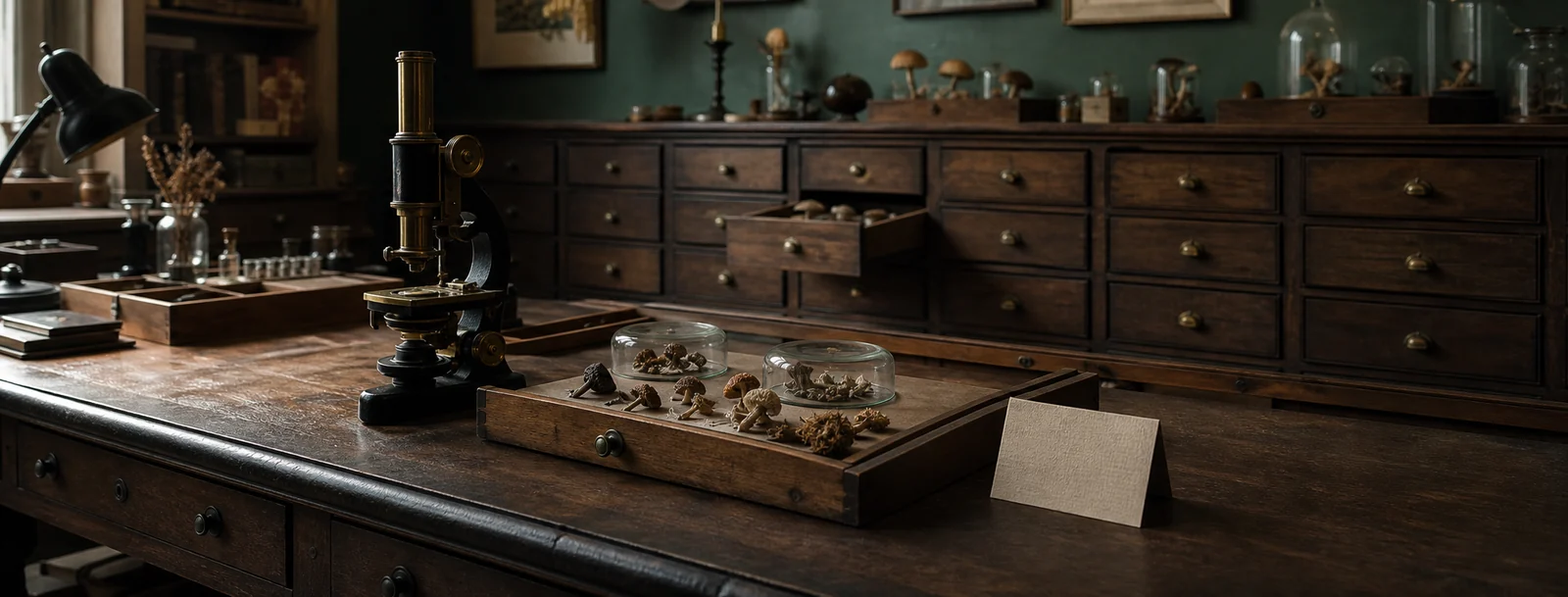 Historic mycology workroom with a microscope and fungal specimens